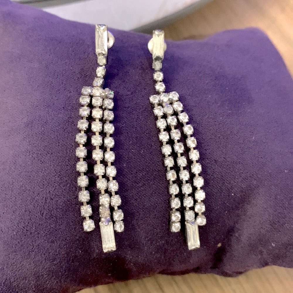 Vintage 3 Strand Drop Rhinestone Earrings w Emerald Cut or similar Accents